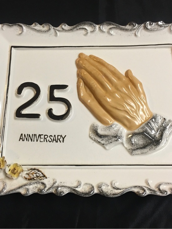 None Other - 25th Anniversary Ceramic Plaque with Praying Hands - White & Tan